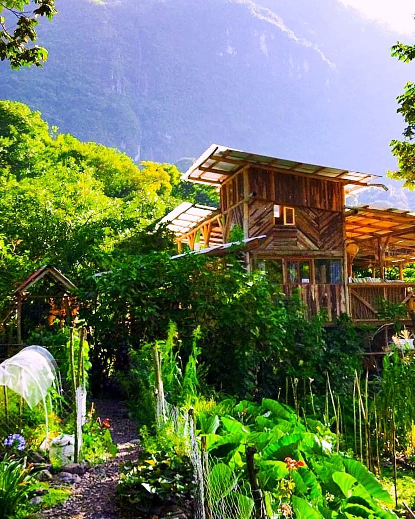The Granja Tz’ikin build seen from the vegetable garden, the mountain rising behind