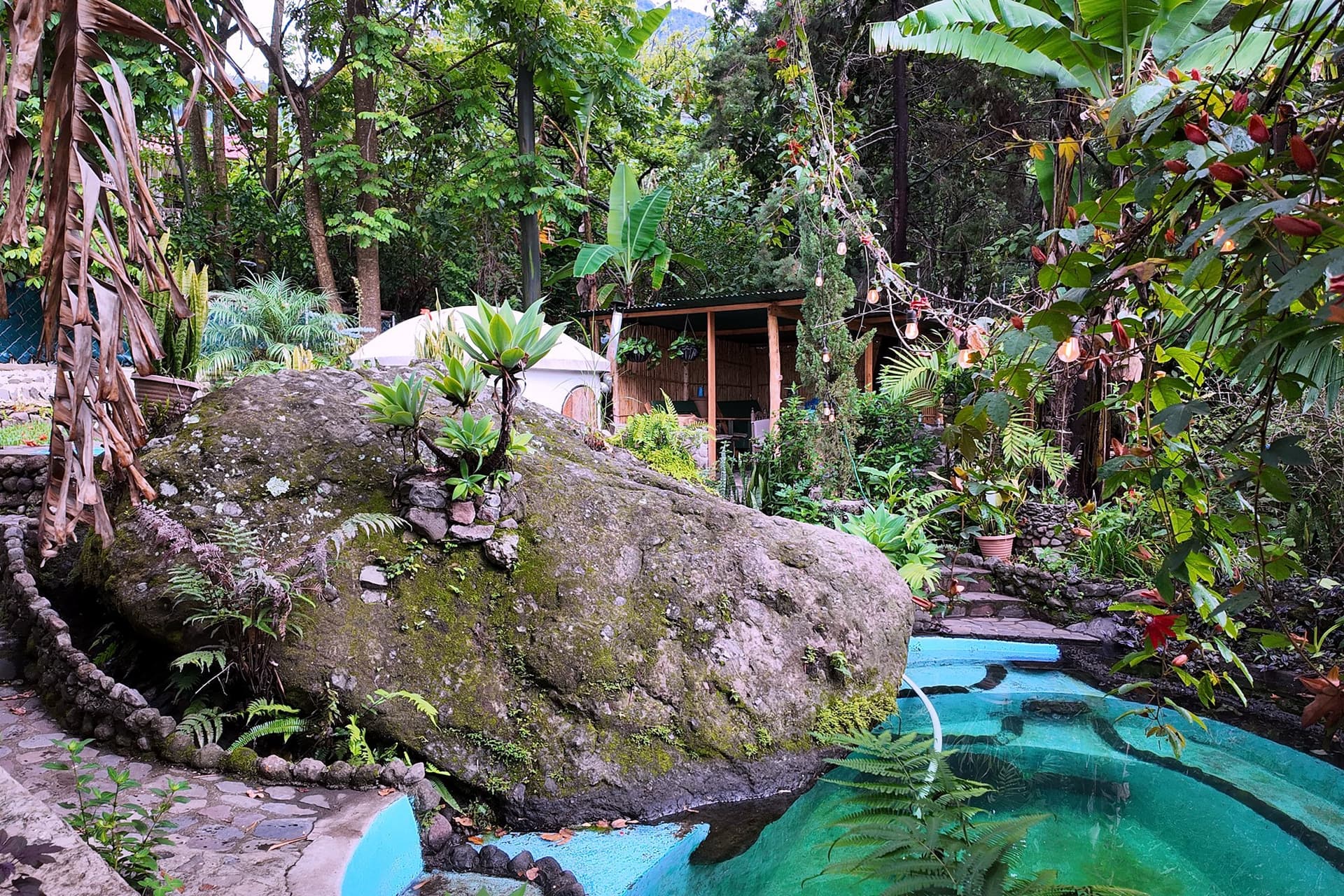 A turquoise spring-fed pool set against a large mossy boulder at Casa Curativa, with a covered gathering space and string lights behind
