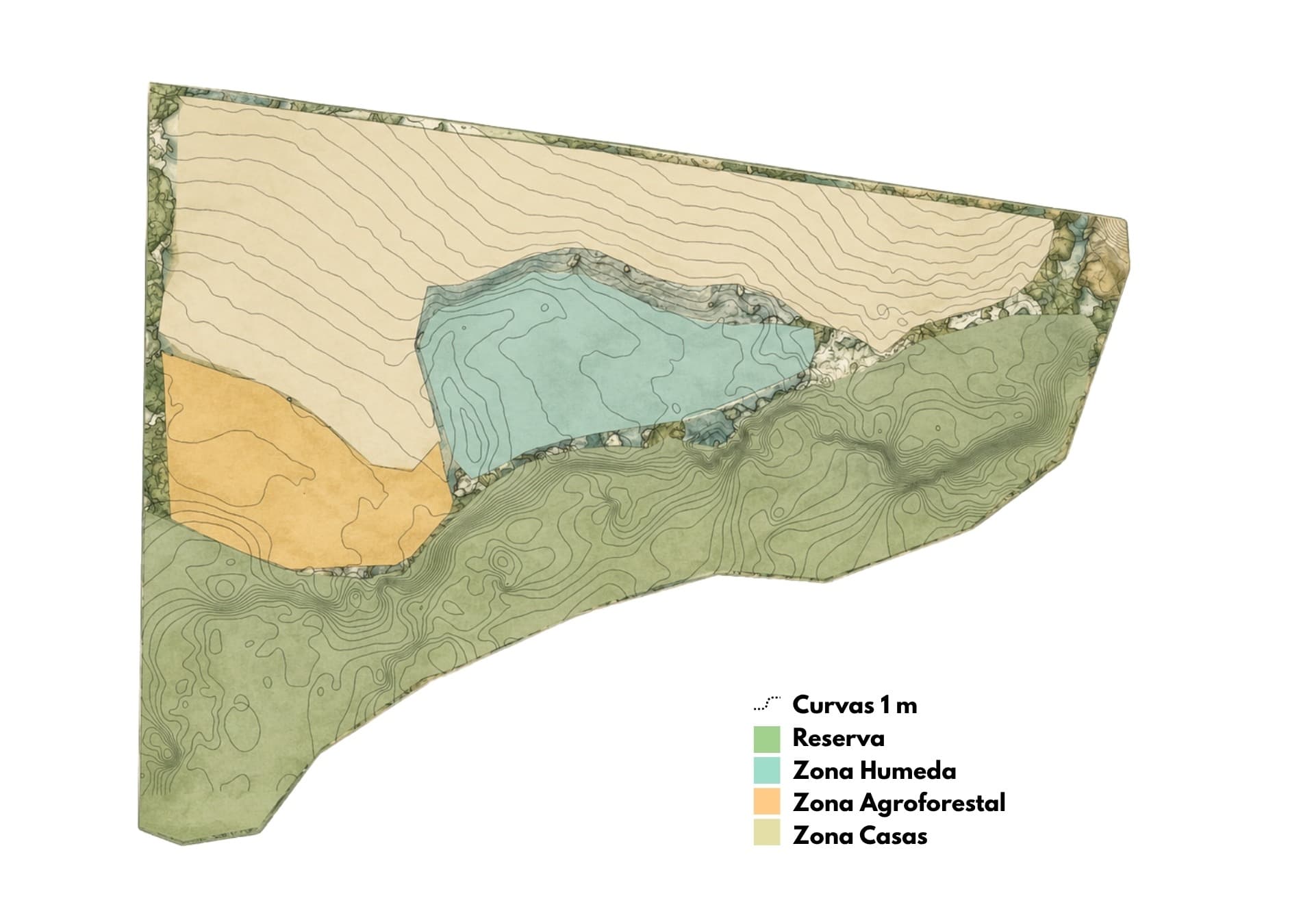 El Manantial zoning plan — reserve, wetland, agroforestry and housing zones colour-blocked over the one-metre contours