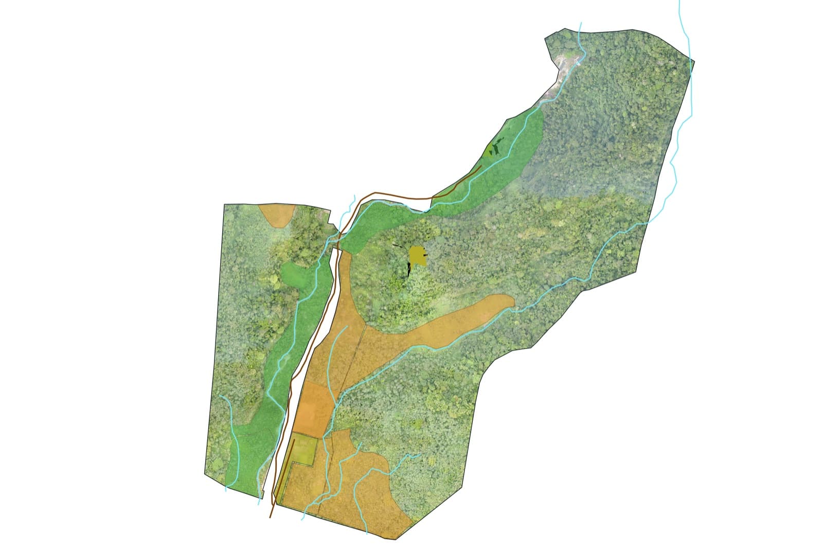 Star Seed master plan — aerial orthophoto with forest, productive, water, and access zones overlaid