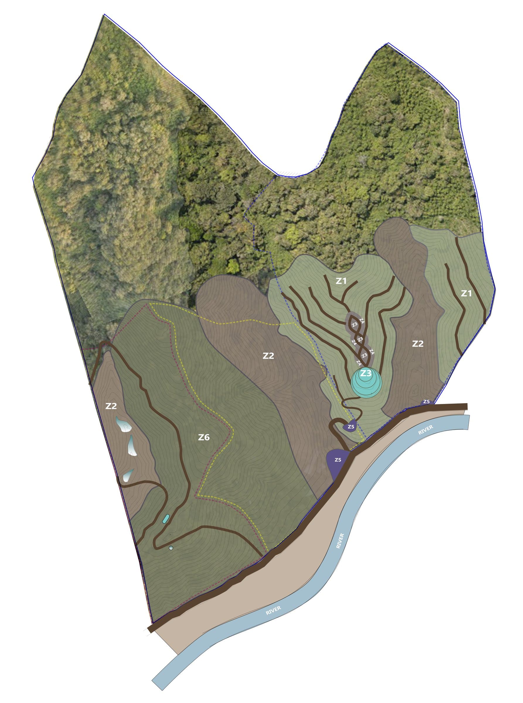 Tuqtuquilal master plan — aerial orthophoto with zones Z1 to Z6 overlaid across the property, contour paths, ponds and the river along the southern boundary