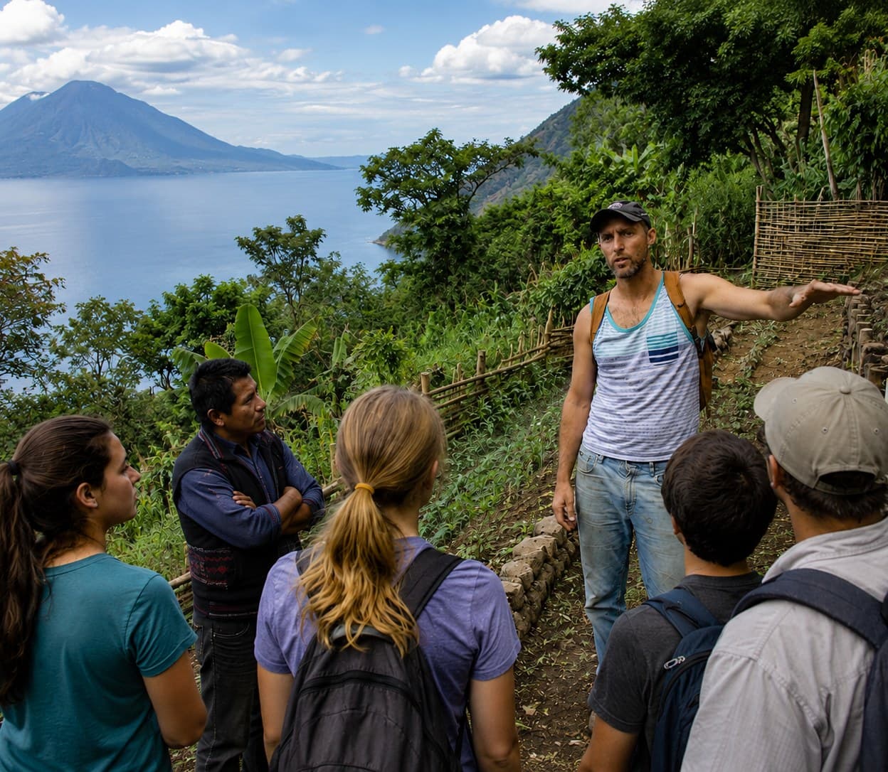 Neal explaining watershed restoration to a group on a path above Lake Atitlán