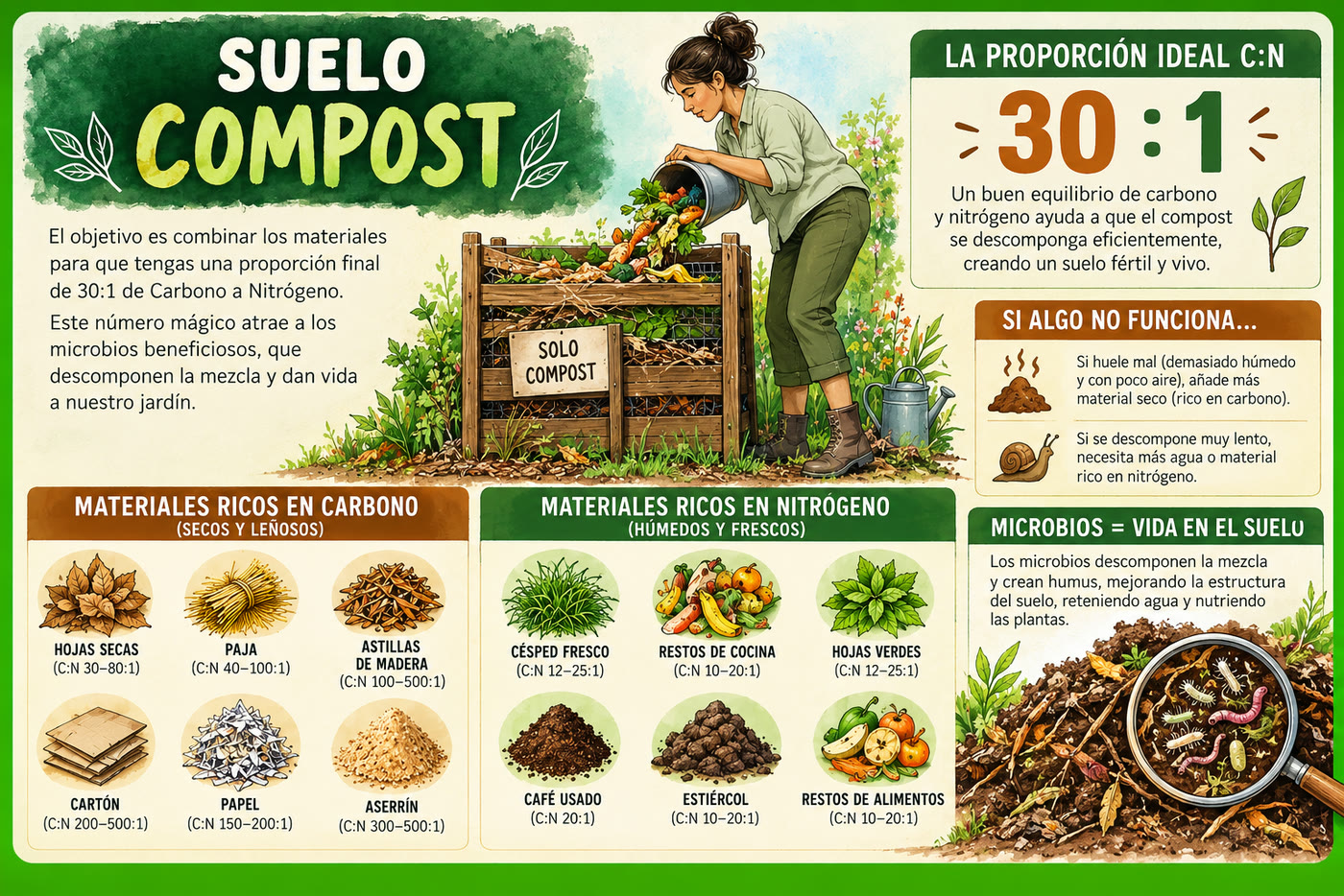 Infografía de composta: la proporción ideal de 30 a 1 entre carbono y nitrógeno, con ejemplos de materiales secos y leñosos ricos en carbono — hojas secas, paja, astillas, cartón, papel, aserrín — y de materiales húmedos ricos en nitrógeno — césped fresco, restos de cocina, hojas verdes, café usado, estiércol y restos de alimentos — cada uno con su relación, además de qué hacer si huele mal o si se descompone muy lento.